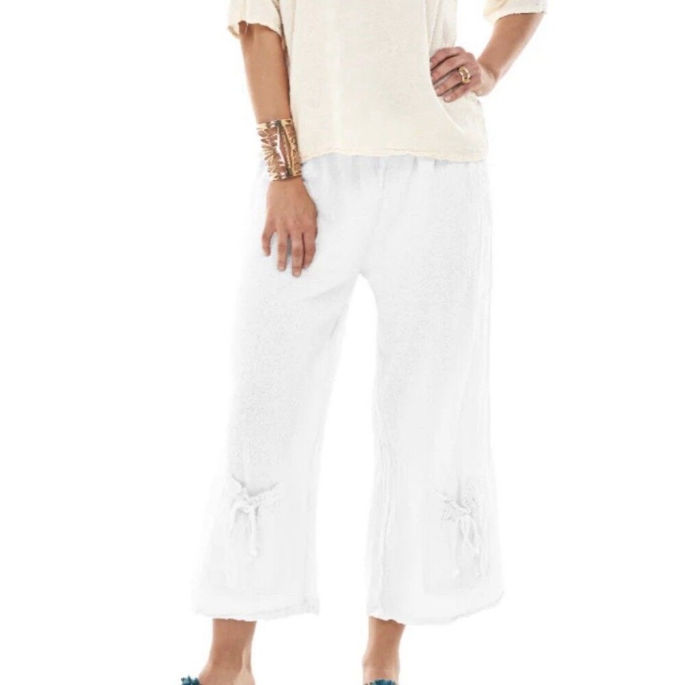 Oh My Gauze Cropped 100% Cotton Pants Womens Size 1 Wide Leg Pull On White Beach